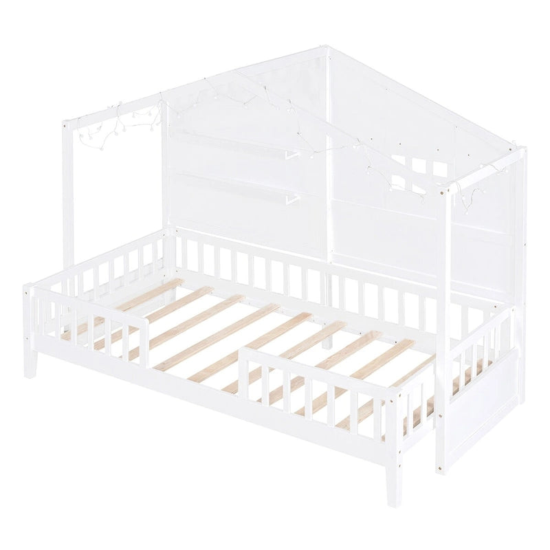 Lit cabane double blanc avec étagères, fenêtre et bande LED – 1 personne