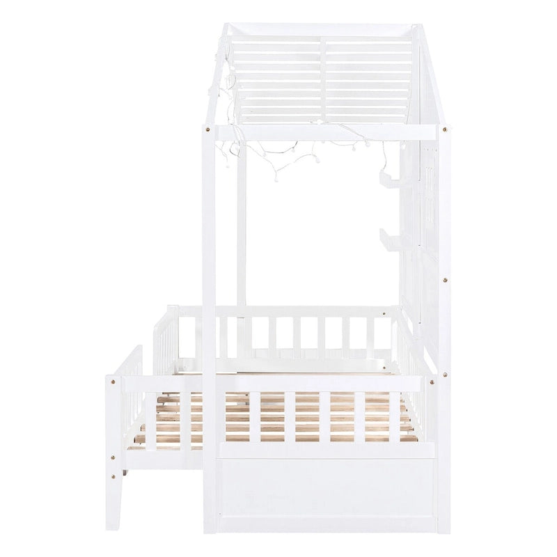Lit cabane double blanc avec étagères, fenêtre et bande LED – 1 personne