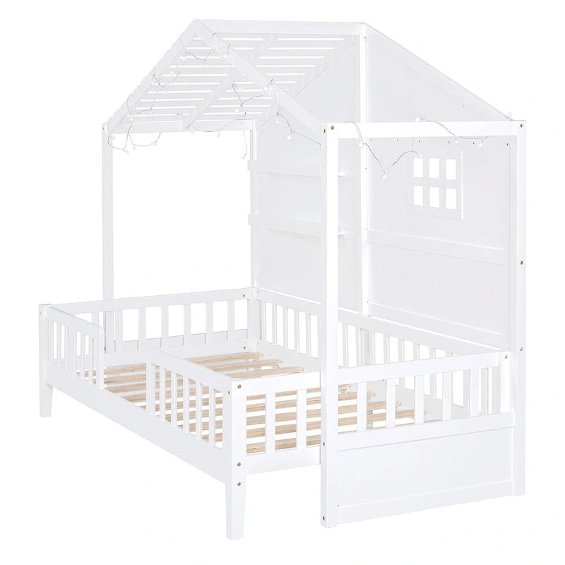Lit cabane double blanc avec étagères, fenêtre et bande LED – 1 personne