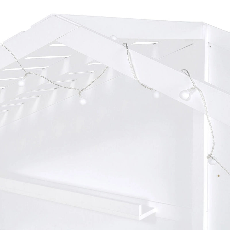 Lit cabane double blanc avec étagères, fenêtre et bande LED – 1 personne