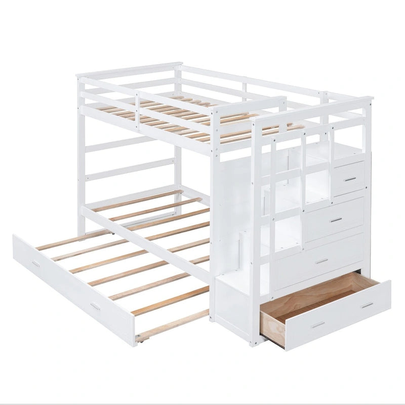 Lit superposé avec lit gigogne et escalier, expresso/blanc/gris, 2 couchages