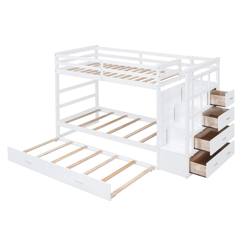 Lit superposé avec lit gigogne et escalier, expresso/blanc/gris, 2 couchages