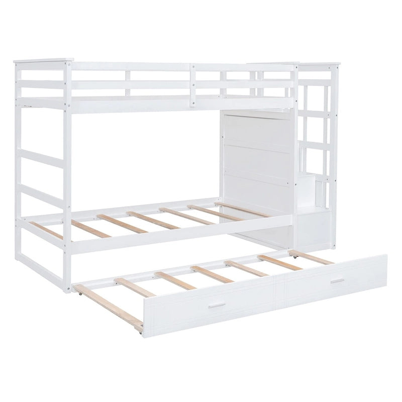 Lit superposé avec lit gigogne et escalier, expresso/blanc/gris, 2 couchages