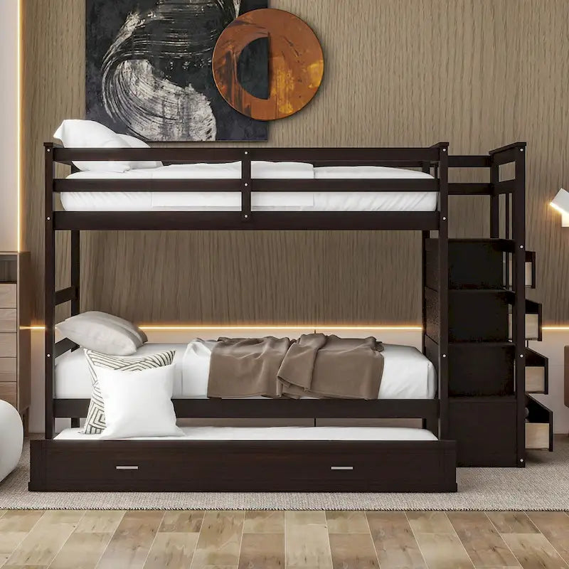 Lit superposé avec lit gigogne et escalier, expresso/blanc/gris, 2 couchages