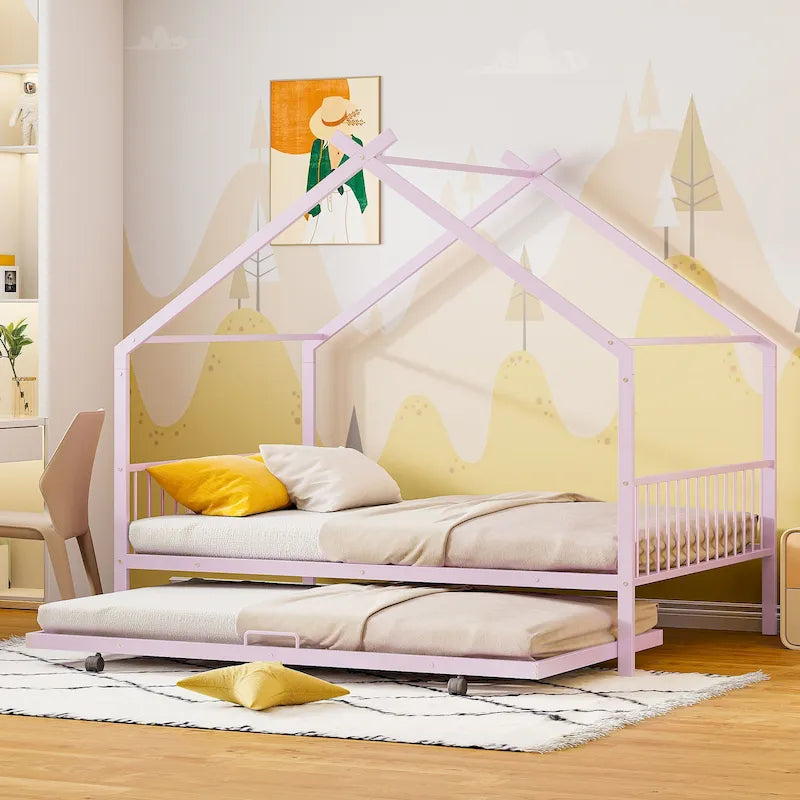 Lit Maison en Métal Rose / Noir / Blanc avec Lit Gigogne Double, pour 2 Enfants