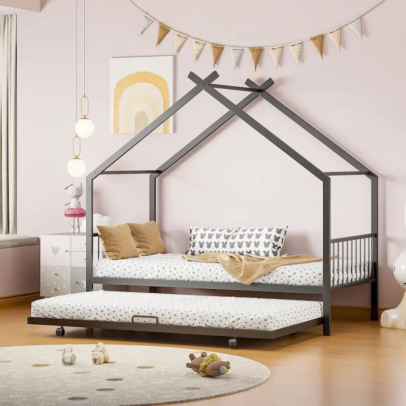 Lit Maison en Métal Rose / Noir / Blanc avec Lit Gigogne Double, pour 2 Enfants