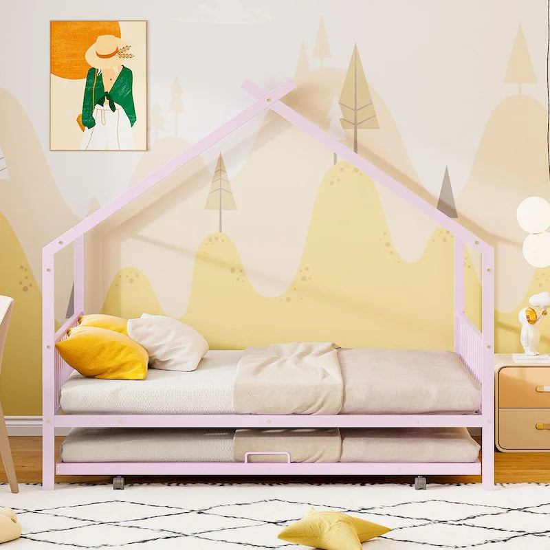 Lit Maison en Métal Rose / Noir / Blanc avec Lit Gigogne Double, pour 2 Enfants