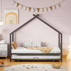 Lit Maison en Métal Rose / Noir / Blanc avec Lit Gigogne Double, pour 2 Enfants