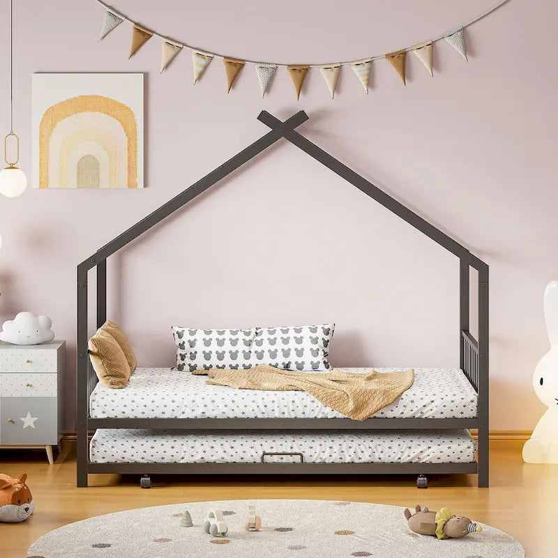 Lit Maison en Métal Rose / Noir / Blanc avec Lit Gigogne Double, pour 2 Enfants