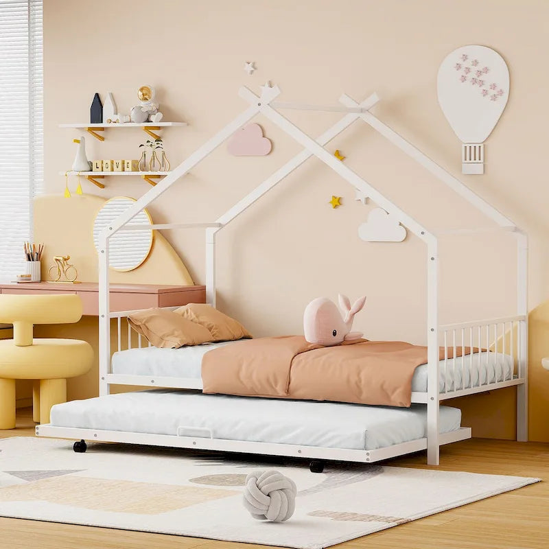 Lit Maison en Métal Rose / Noir / Blanc avec Lit Gigogne Double, pour 2 Enfants