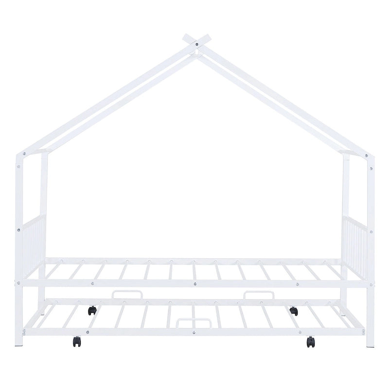 Lit Maison en Métal Rose / Noir / Blanc avec Lit Gigogne Double, pour 2 Enfants