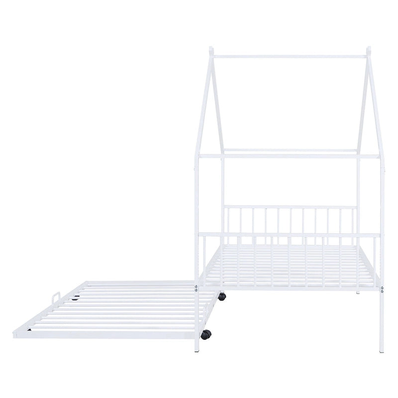 Lit Maison en Métal Rose / Noir / Blanc avec Lit Gigogne Double, pour 2 Enfants