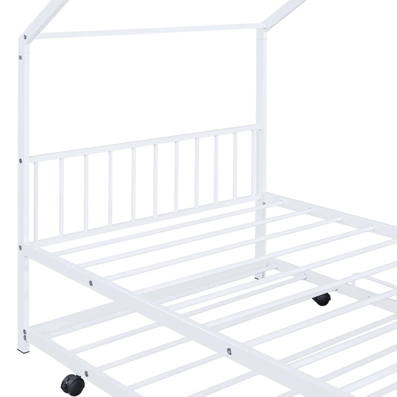 Lit Maison en Métal Rose / Noir / Blanc avec Lit Gigogne Double, pour 2 Enfants