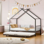 Lit Maison en Métal Rose / Noir / Blanc avec Lit Gigogne Double, pour 2 Enfants