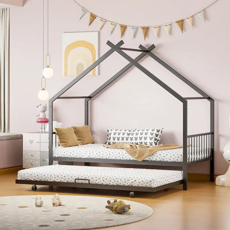Lit Maison en Métal Rose / Noir / Blanc avec Lit Gigogne Double, pour 2 Enfants