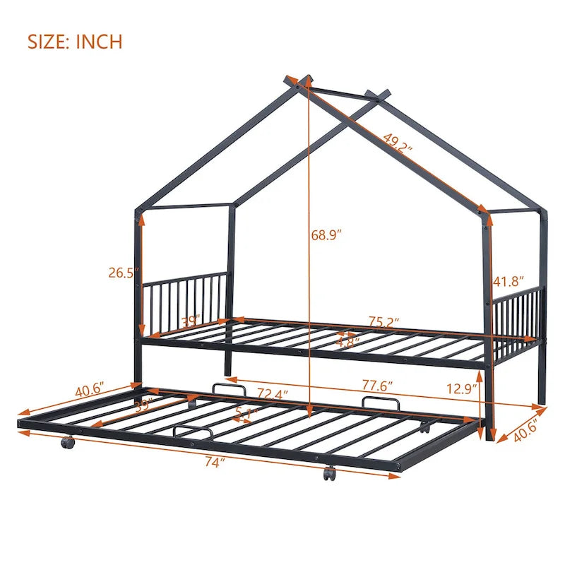 Lit Maison en Métal Rose / Noir / Blanc avec Lit Gigogne Double, pour 2 Enfants