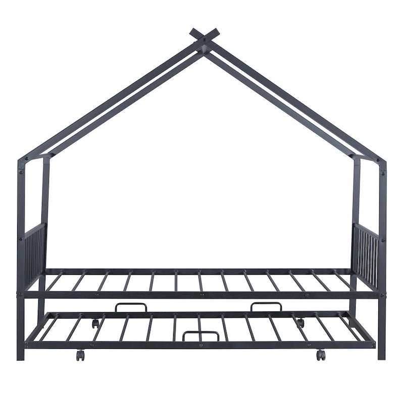 Lit Maison en Métal Rose / Noir / Blanc avec Lit Gigogne Double, pour 2 Enfants