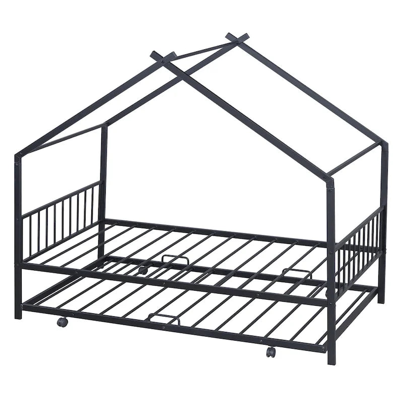 Lit Maison en Métal Rose / Noir / Blanc avec Lit Gigogne Double, pour 2 Enfants