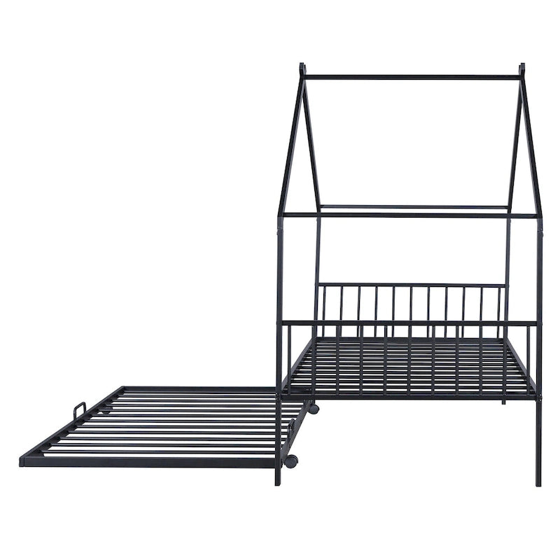 Lit Maison en Métal Rose / Noir / Blanc avec Lit Gigogne Double, pour 2 Enfants