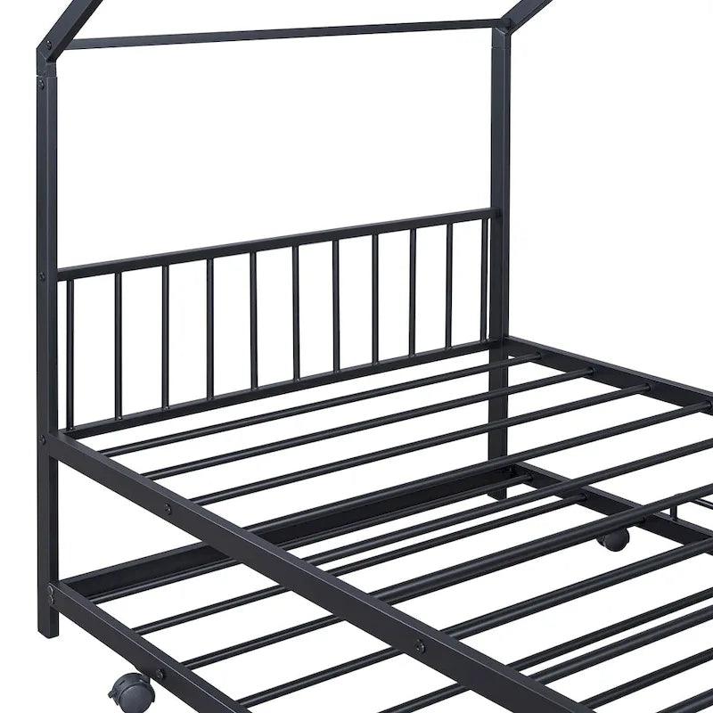 Lit Maison en Métal Rose / Noir / Blanc avec Lit Gigogne Double, pour 2 Enfants