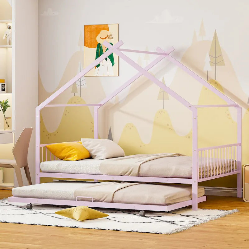 Lit Maison en Métal Rose / Noir / Blanc avec Lit Gigogne Double, pour 2 Enfants