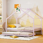 Lit Maison en Métal Rose / Noir / Blanc avec Lit Gigogne Double, pour 2 Enfants