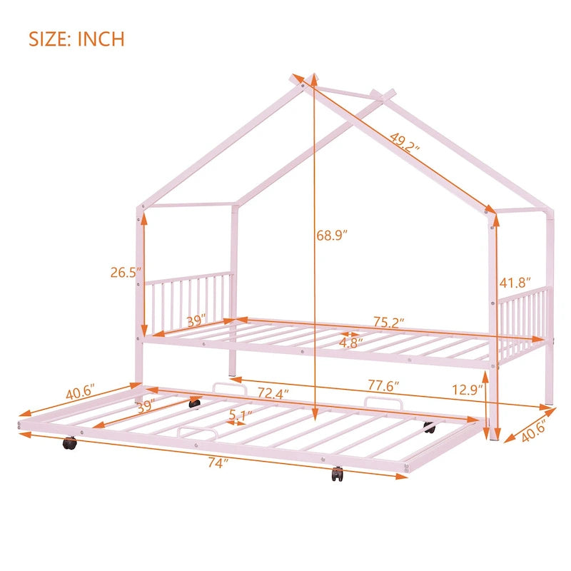 Lit Maison en Métal Rose / Noir / Blanc avec Lit Gigogne Double, pour 2 Enfants