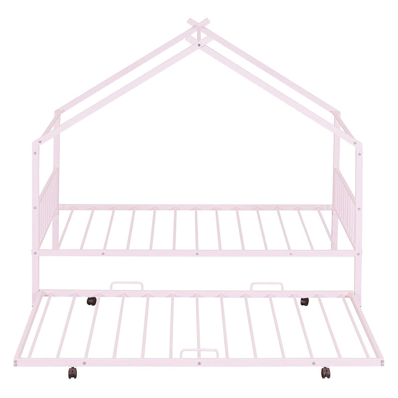 Lit Maison en Métal Rose / Noir / Blanc avec Lit Gigogne Double, pour 2 Enfants