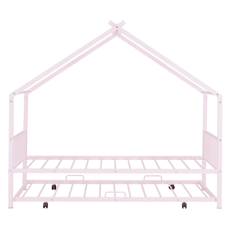 Lit Maison en Métal Rose / Noir / Blanc avec Lit Gigogne Double, pour 2 Enfants