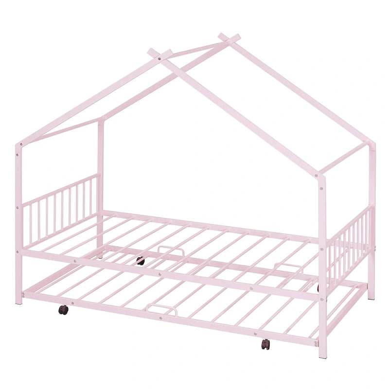 Lit Maison en Métal Rose / Noir / Blanc avec Lit Gigogne Double, pour 2 Enfants