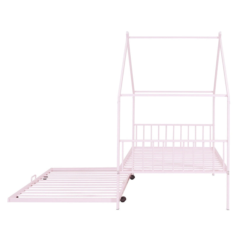 Lit Maison en Métal Rose / Noir / Blanc avec Lit Gigogne Double, pour 2 Enfants