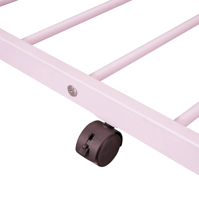 Lit Maison en Métal Rose / Noir / Blanc avec Lit Gigogne Double, pour 2 Enfants