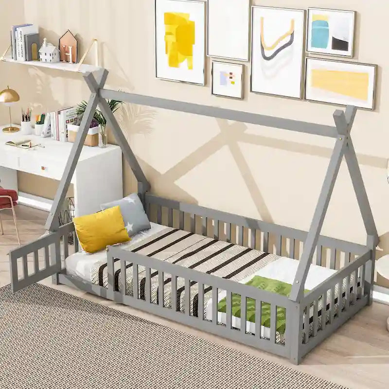 Twin Tent-shaped Floor Bed, with Guardrails and Slats and Door