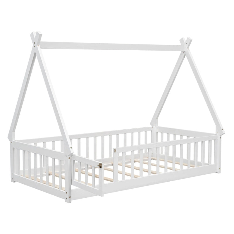 Lit au sol Tipi blanc / gris / naturel avec barrières, lattes et porte – Jumeau, 1 personne