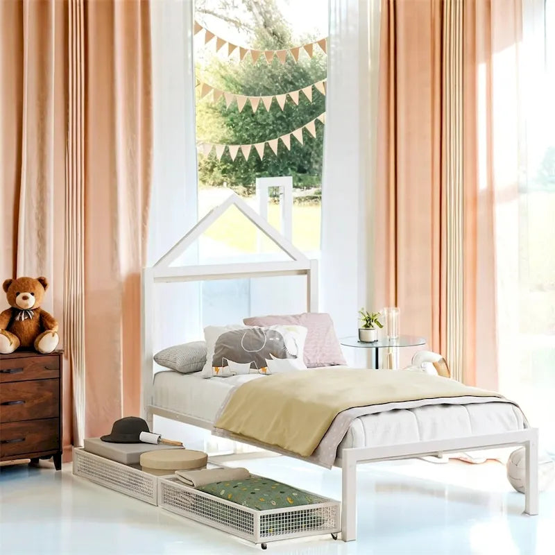 Lit plateforme en métal en forme de maison double avec 2 tiroirs, 1 enfant