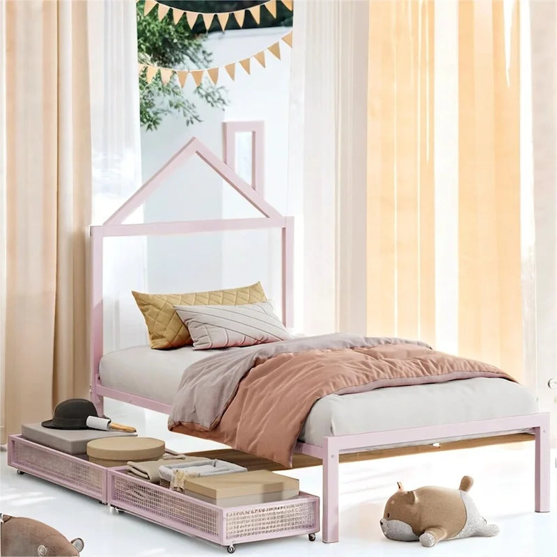 Lit plateforme en métal en forme de maison double avec 2 tiroirs, 1 enfant