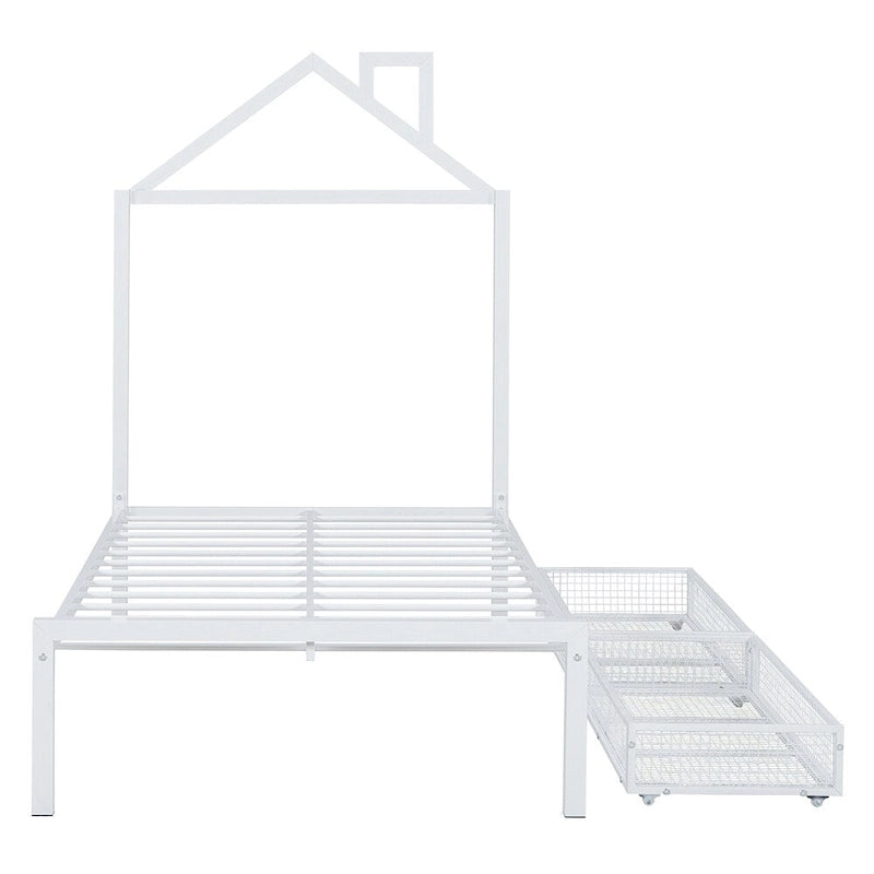 Lit plateforme en métal en forme de maison double avec 2 tiroirs, 1 enfant