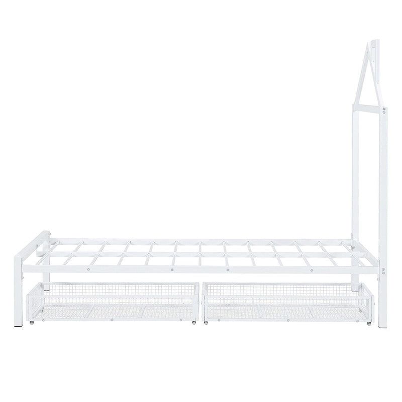 Lit plateforme en métal en forme de maison double avec 2 tiroirs, 1 enfant