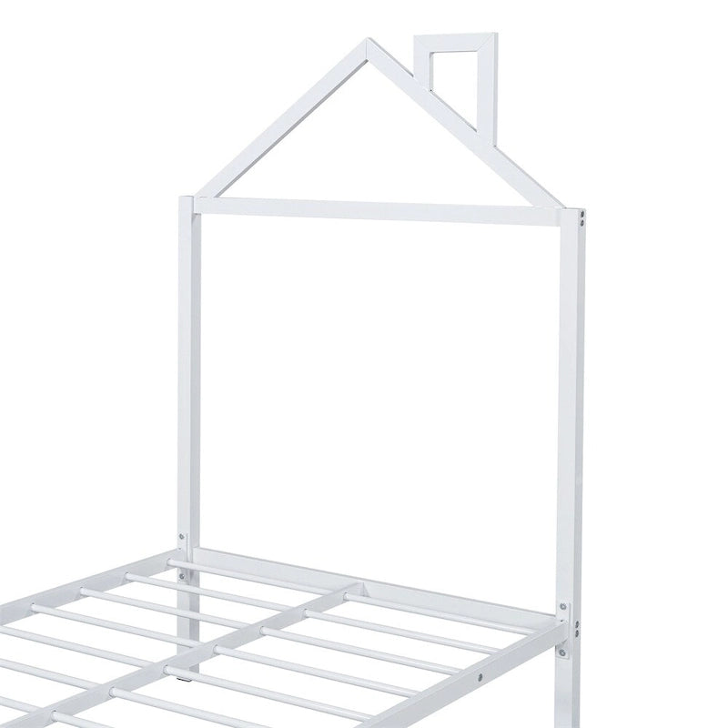 Lit plateforme en métal en forme de maison double avec 2 tiroirs, 1 enfant