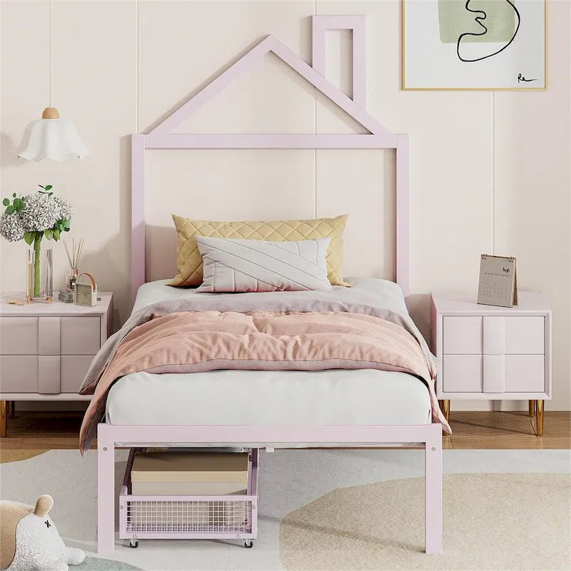 Lit plateforme en métal en forme de maison double avec 2 tiroirs, 1 enfant