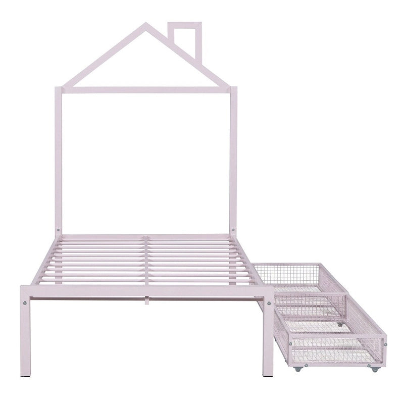 Lit plateforme en métal en forme de maison double avec 2 tiroirs, 1 enfant