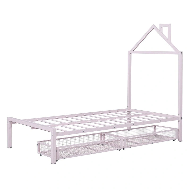 Lit plateforme en métal en forme de maison double avec 2 tiroirs, 1 enfant