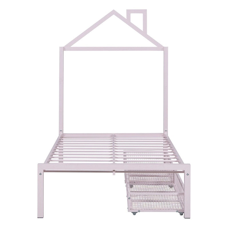 Lit plateforme en métal en forme de maison double avec 2 tiroirs, 1 enfant