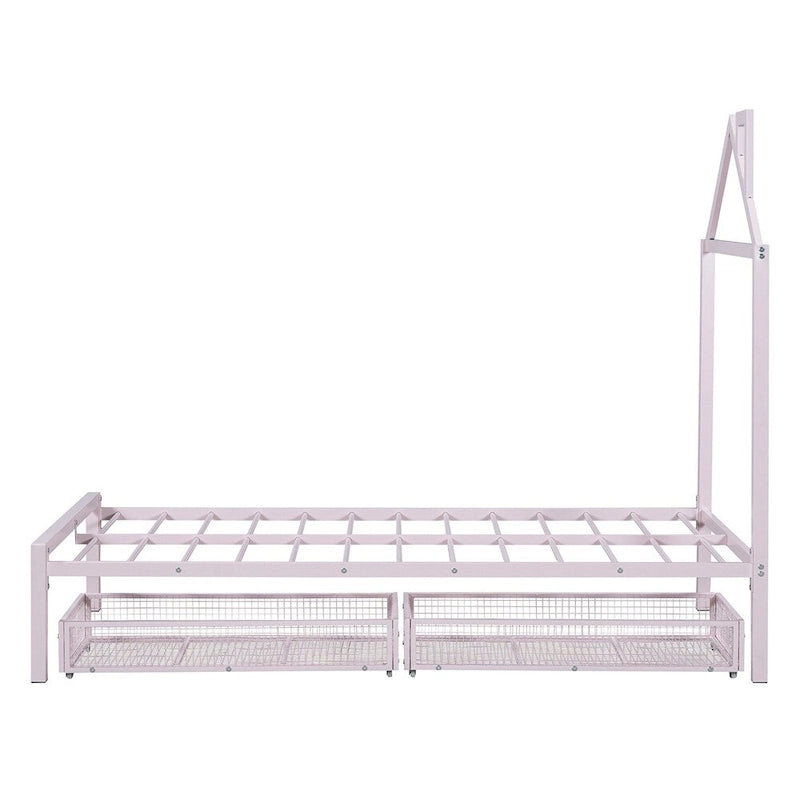 Lit plateforme en métal en forme de maison double avec 2 tiroirs, 1 enfant