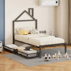 Lit plateforme en métal en forme de maison double avec 2 tiroirs, 1 enfant