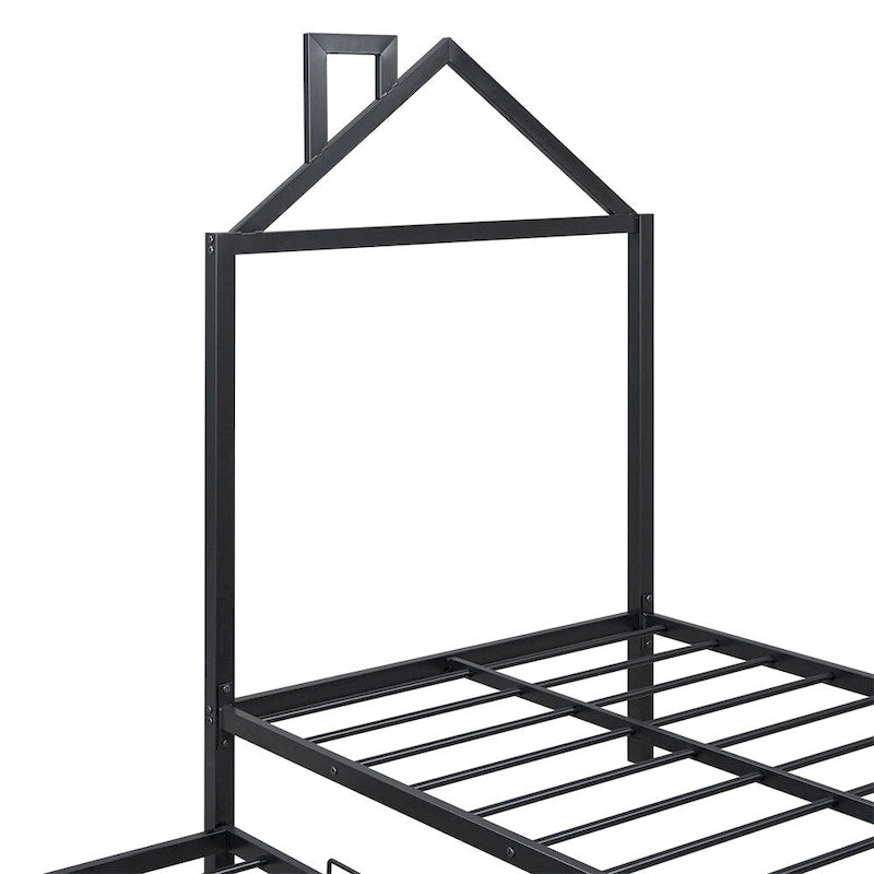 Lit plateforme en métal en forme de maison double avec 2 tiroirs, 1 enfant