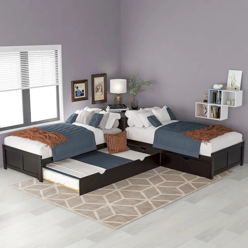 Lit plateforme double en L expresso/gris/blanc avec lit gigogne, tiroirs et table intégrée, 3 couchages