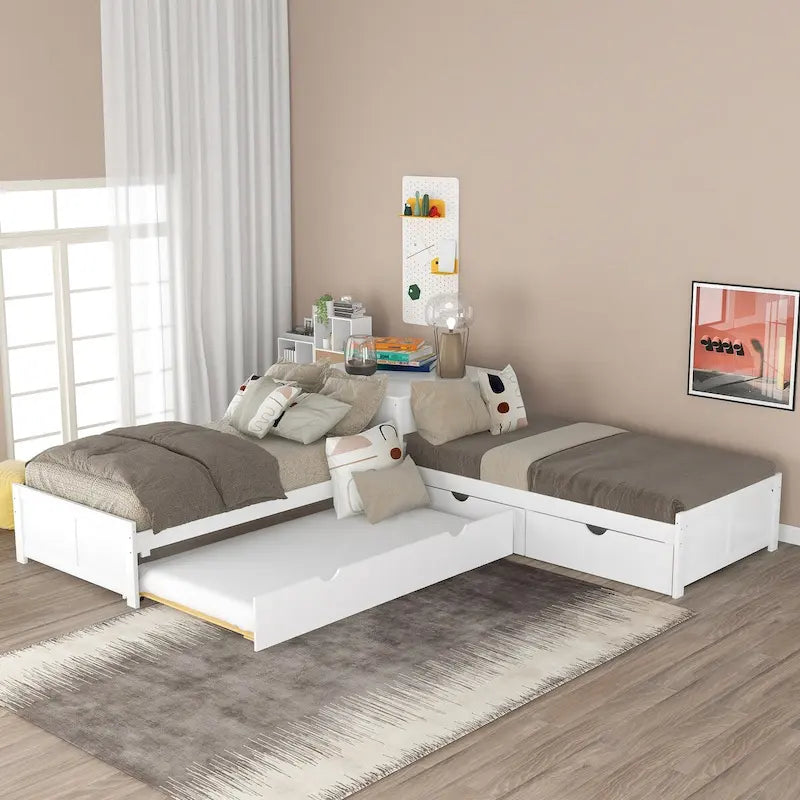 Lit plateforme double en L expresso/gris/blanc avec lit gigogne, tiroirs et table intégrée, 3 couchages