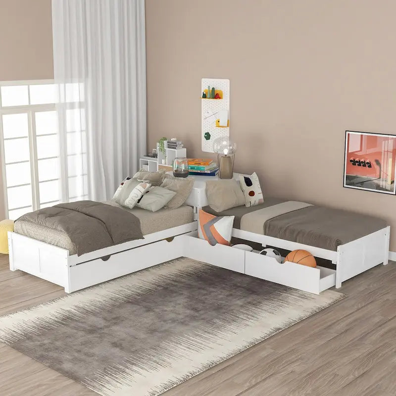 Lit plateforme double en L expresso/gris/blanc avec lit gigogne, tiroirs et table intégrée, 3 couchages