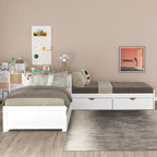 Lit plateforme double en L expresso/gris/blanc avec lit gigogne, tiroirs et table intégrée, 3 couchages